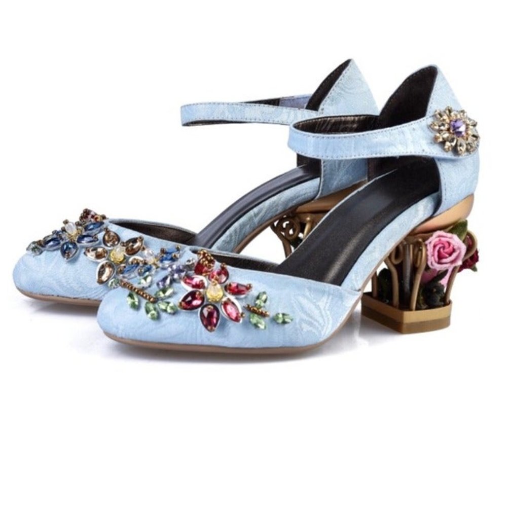 Handmade Blue Brocade Crystal Cage Shoes Size 6 - Picture 3 of 7